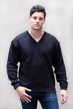 Men's V Neck Pullover With Suede Patches - Danny's Knitwear