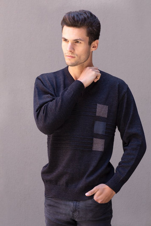 Men's V Neck Pullover With Square Pattern - Danny's Knitwear