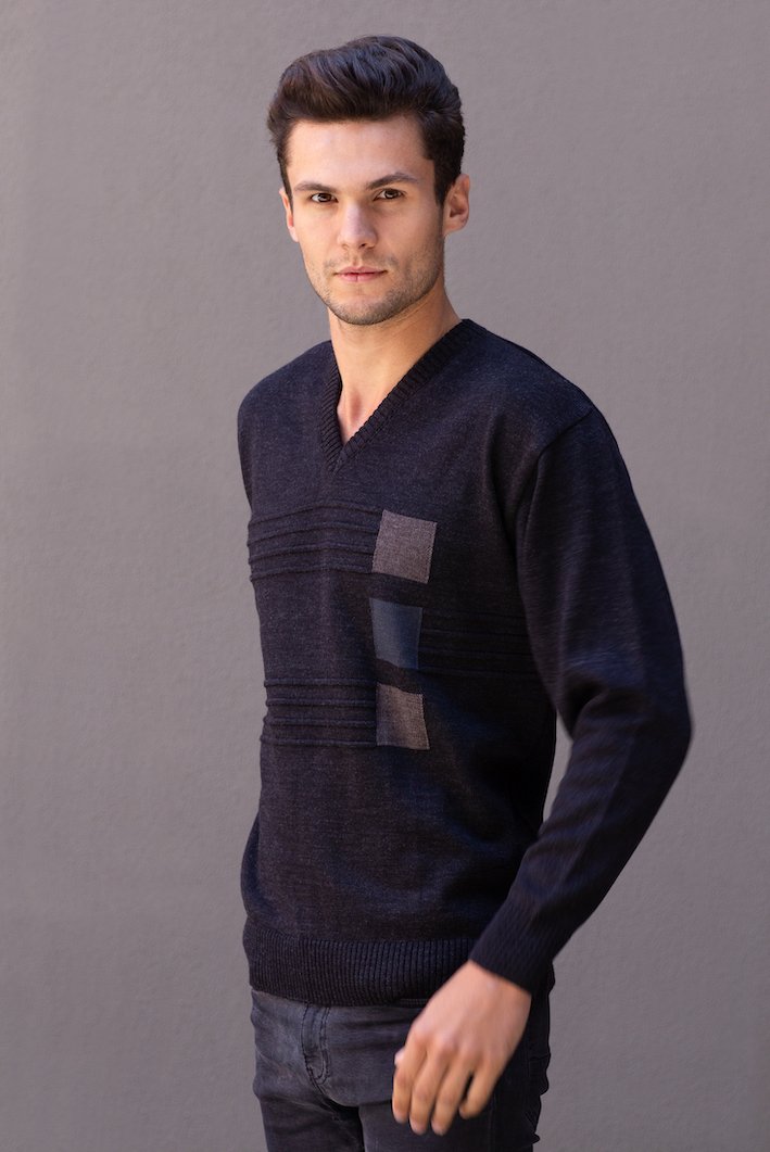 Men's V Neck Pullover With Square Pattern - Danny's Knitwear